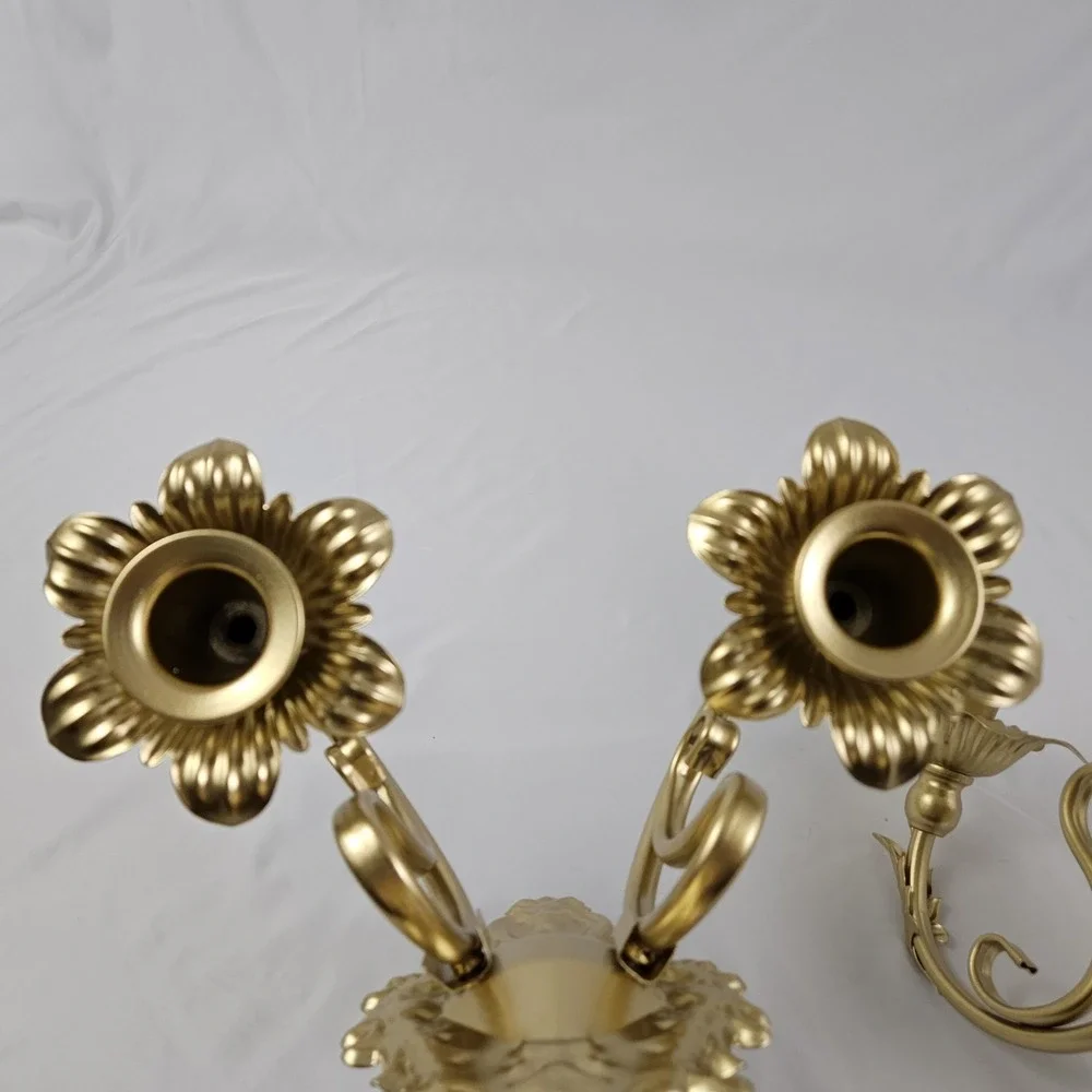 Hollywood Regency Candle Wall Sconces Double Arm Ornate Gold Cast Metal Louis XV